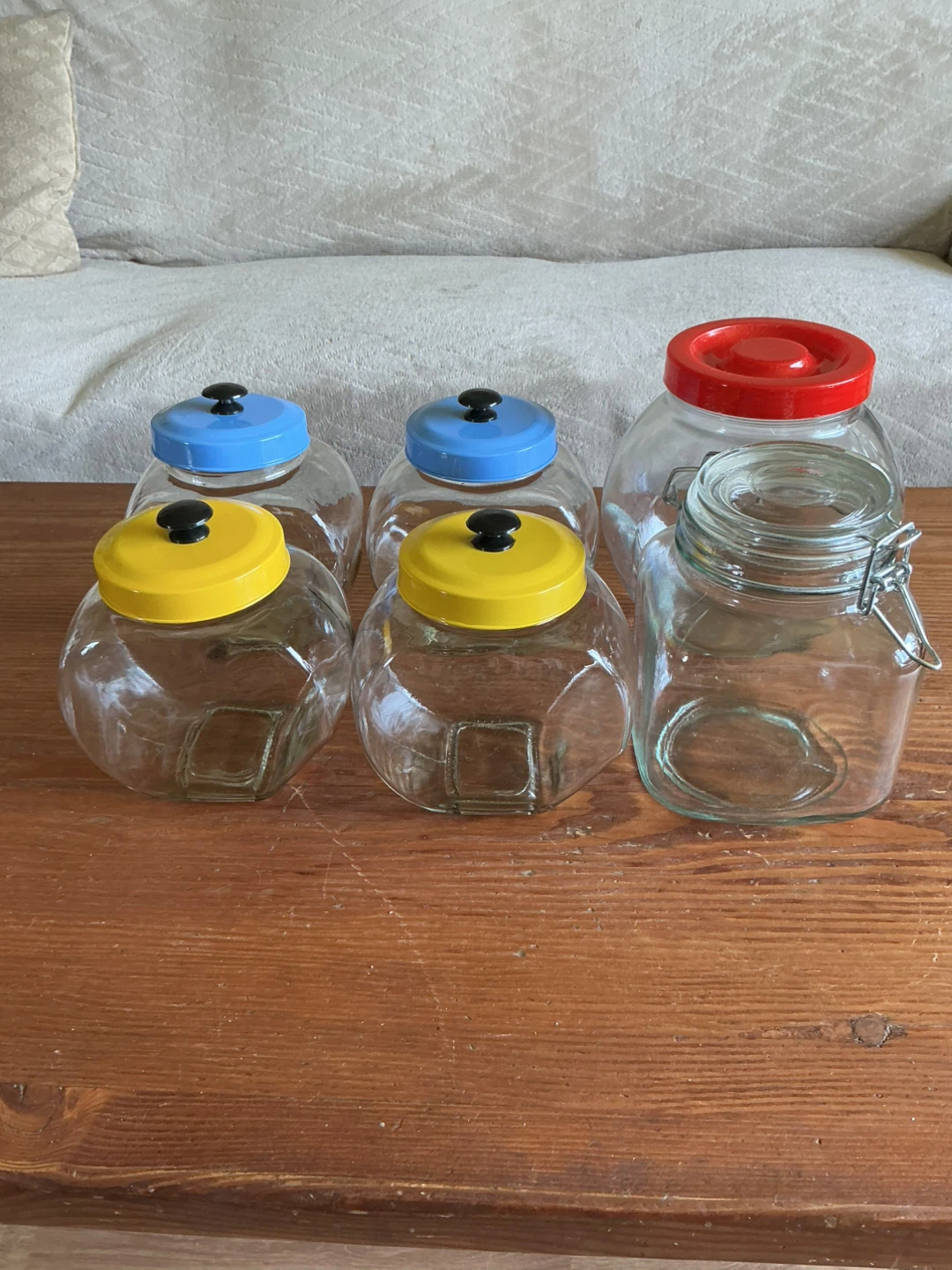 Set of 6 Glass Storage Jars with Coloured Lids