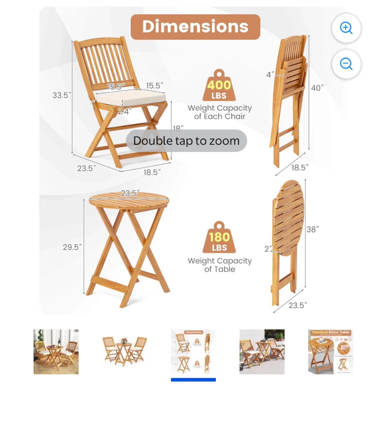 Costway 3 PCS Acacia Wood Patio Bistro Set Folding Table & Chair - photo 3