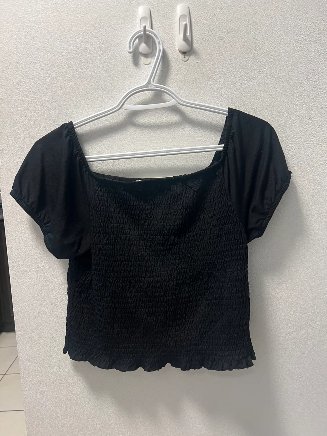 Black Smocked Square Neck Crop Top