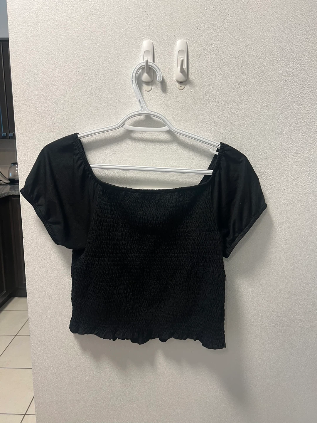 Black Smocked Square Neck Crop Top - photo 2