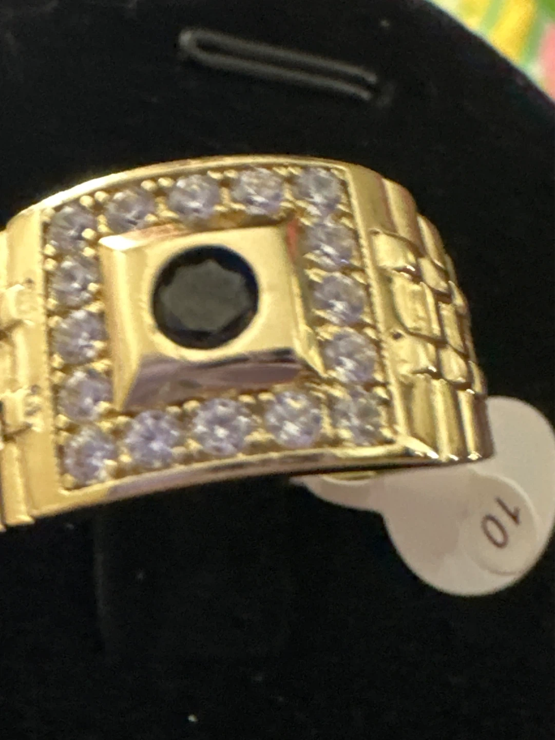 14k Gold laminated Ring with Black and Clear Stones Size 10