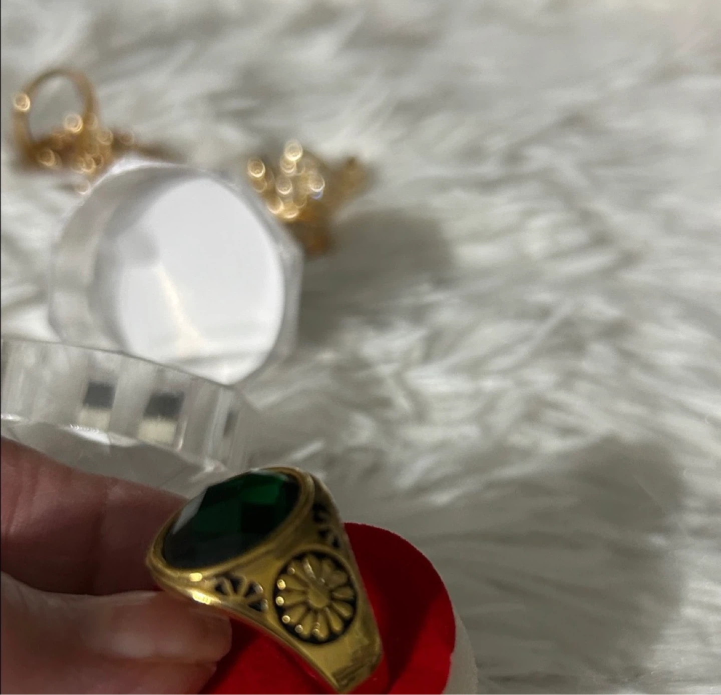Men Gold Tone Ring with Green Oval Stone - photo 3
