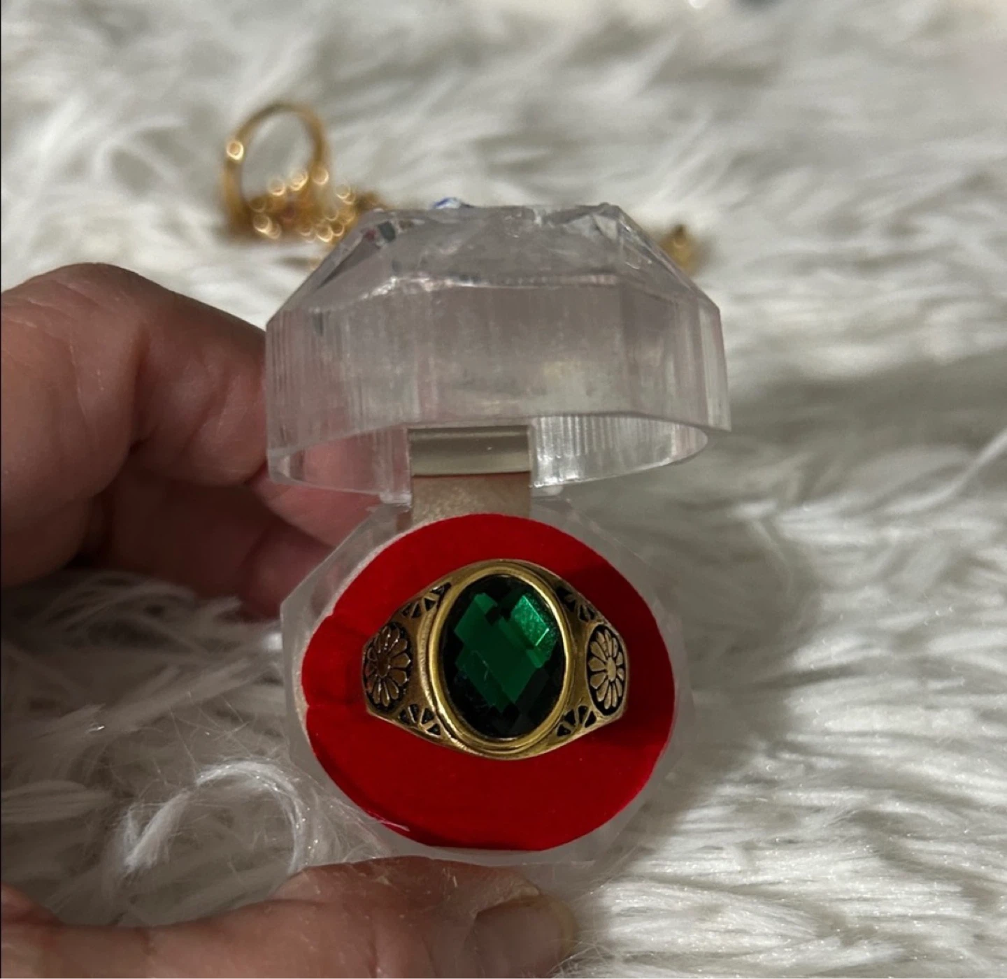 Men Gold Tone Ring with Green Oval Stone