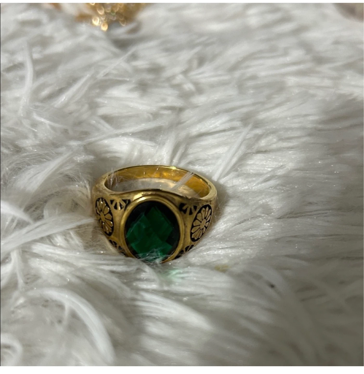 Men Gold Tone Ring with Green Oval Stone - photo 2