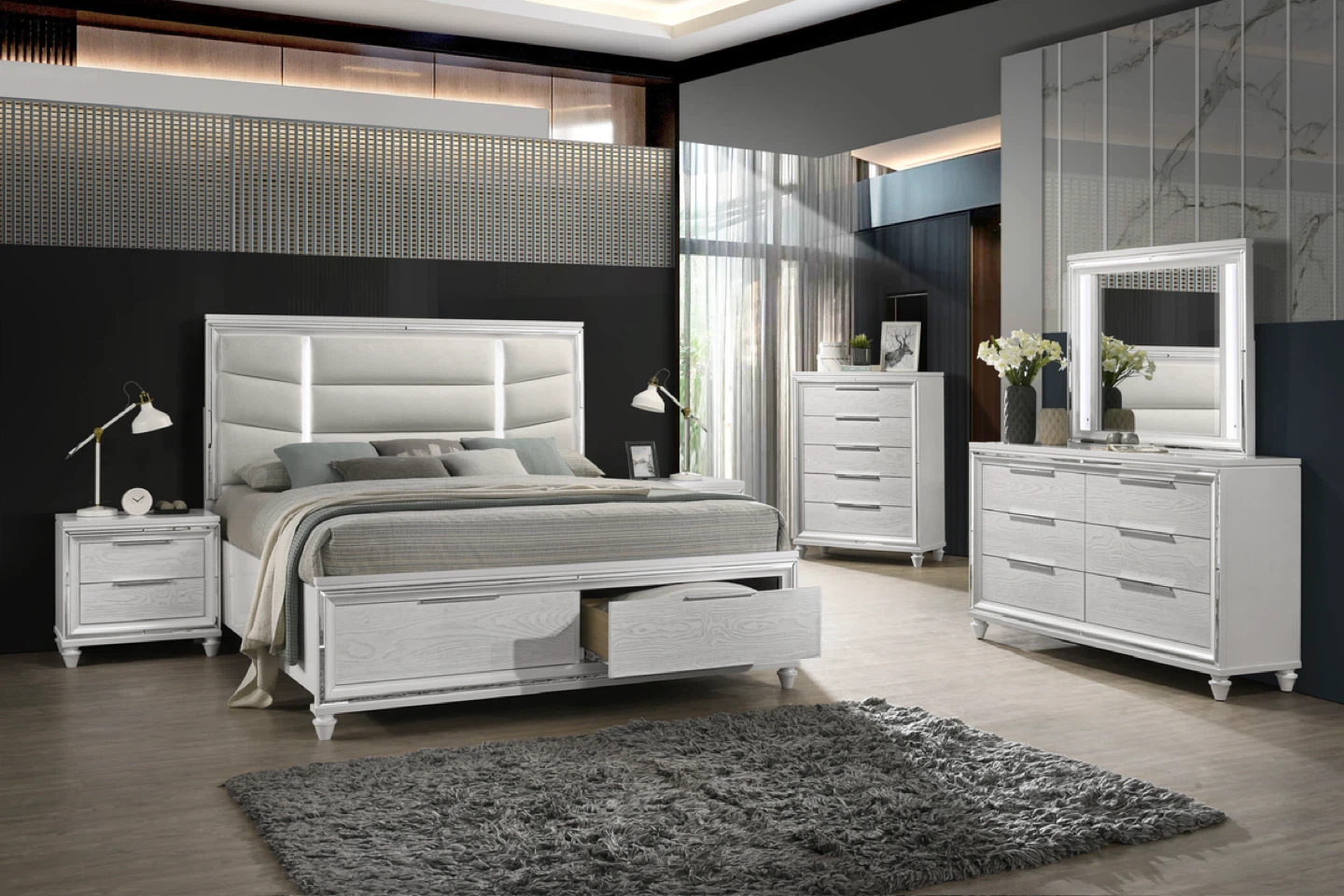 White Upholstered Panel Bed Frame with Storage Drawers