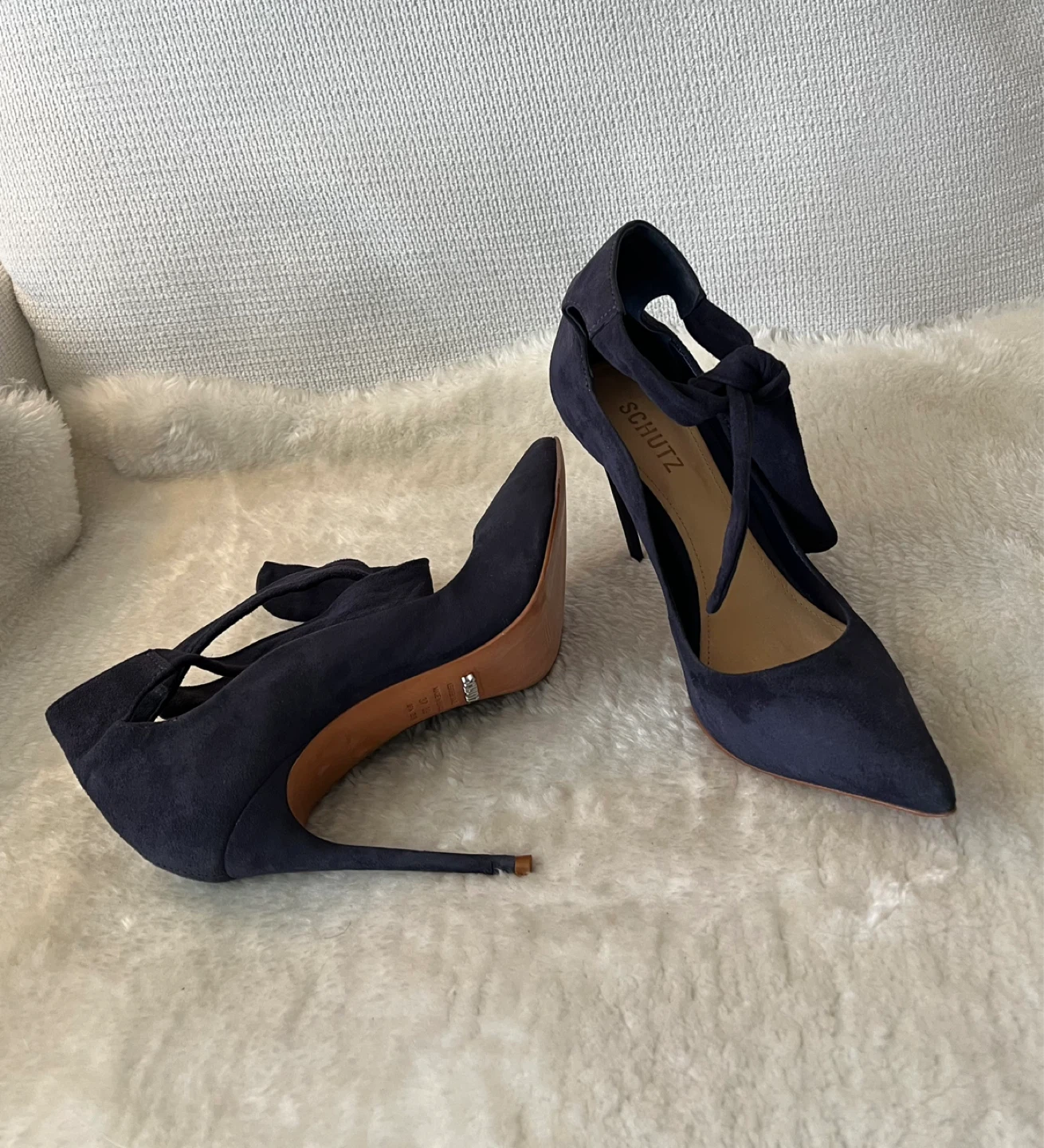 Schutz Navy Suede Pointed Toe Ankle Tie Heels - photo 4
