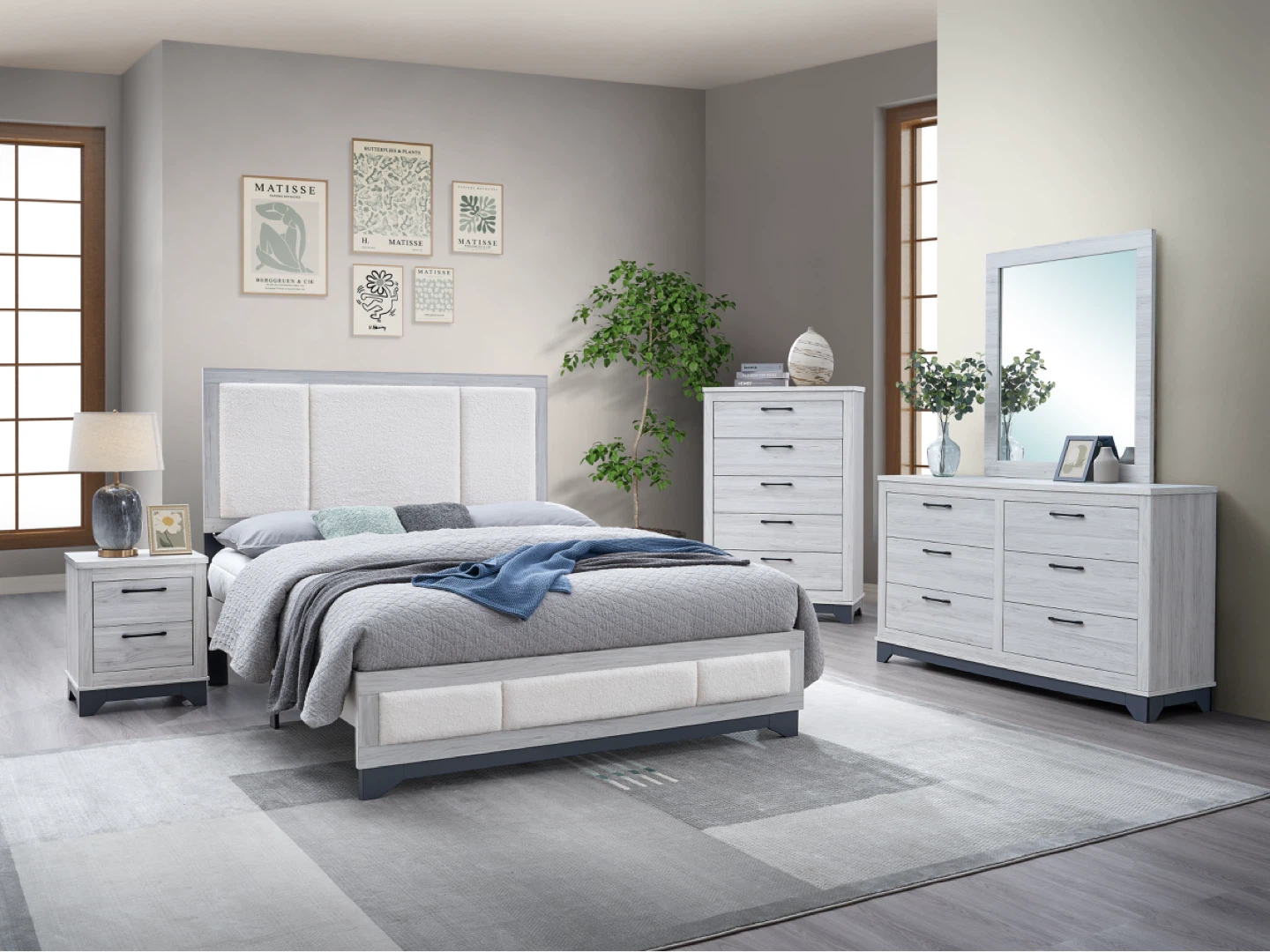 White Wash Wood Bedroom Set with Upholstered Headboard