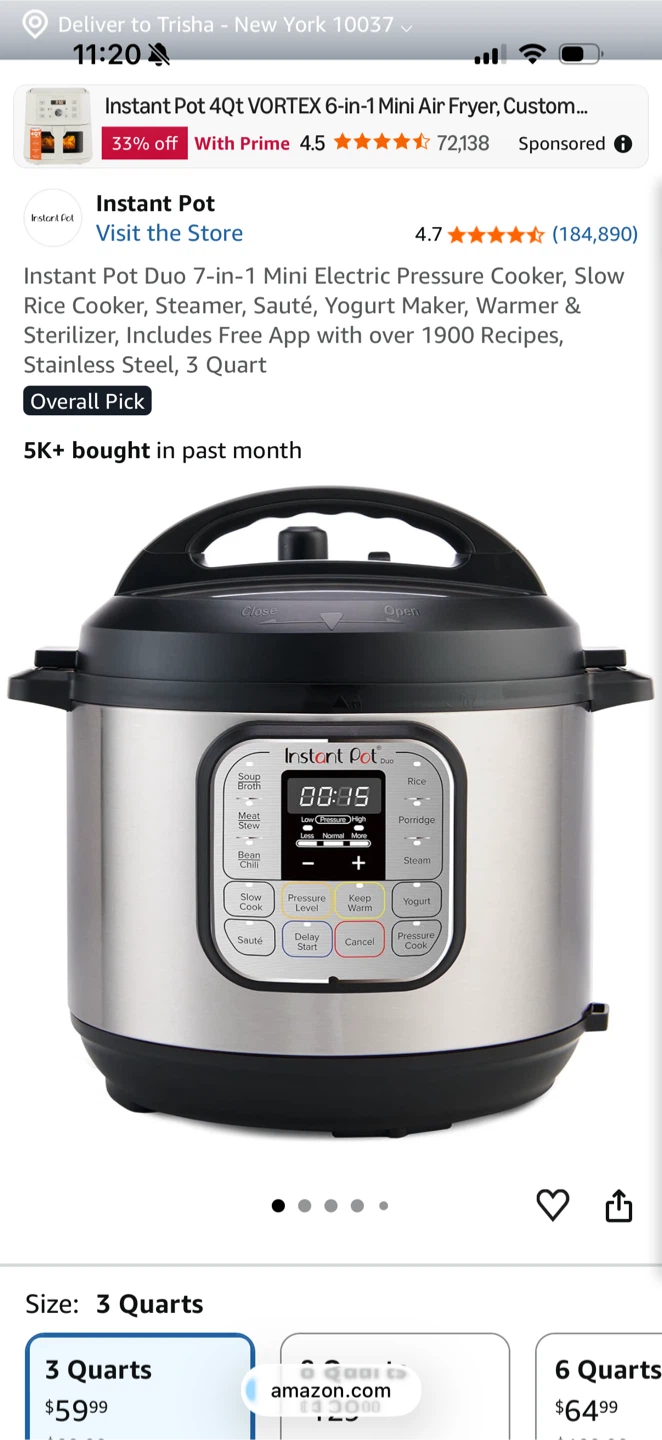 Instant Pot Duo 7-in-1 Electric Pressure Cooker, 3 Quart