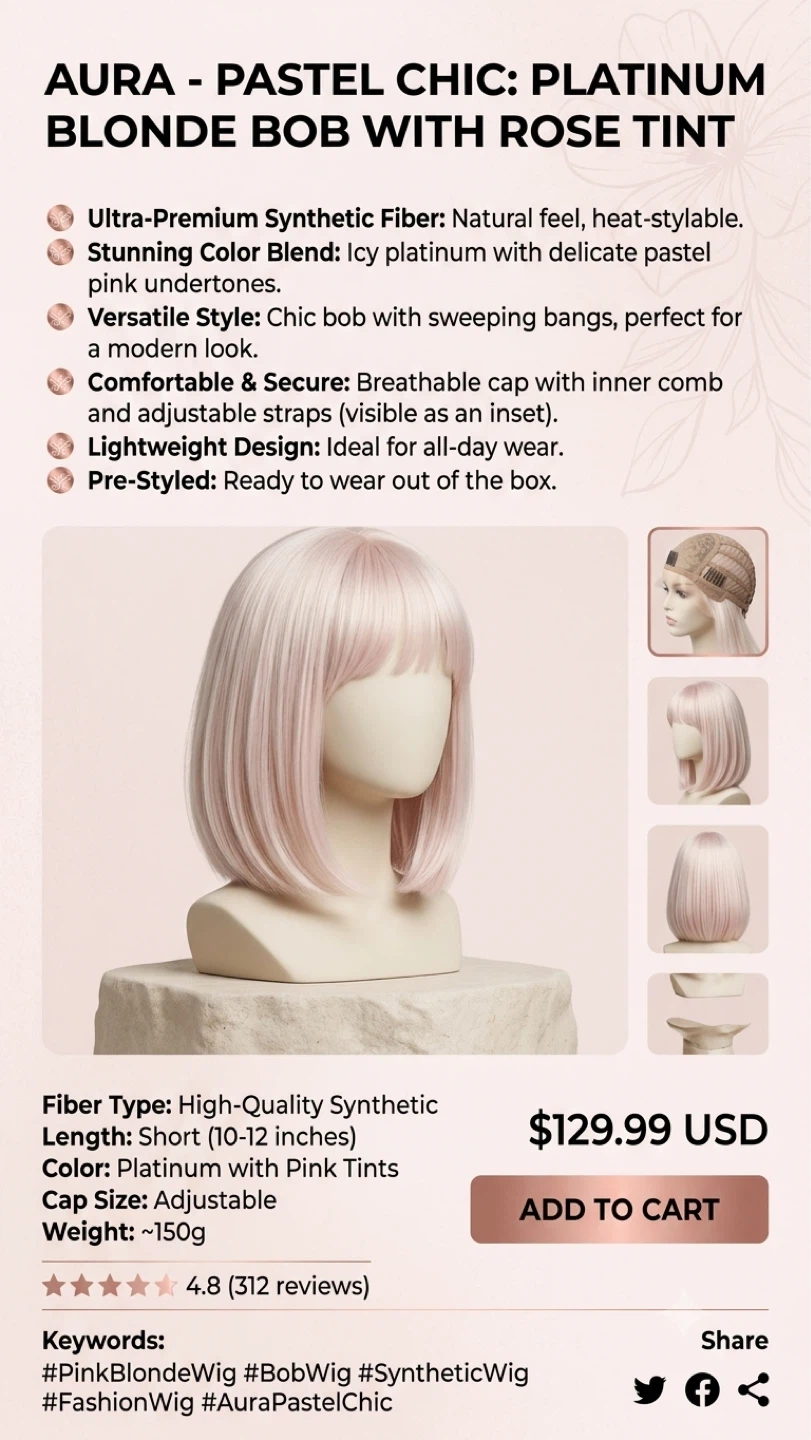 Platinum Blonde Bob Wig with Pink Tint - Like New