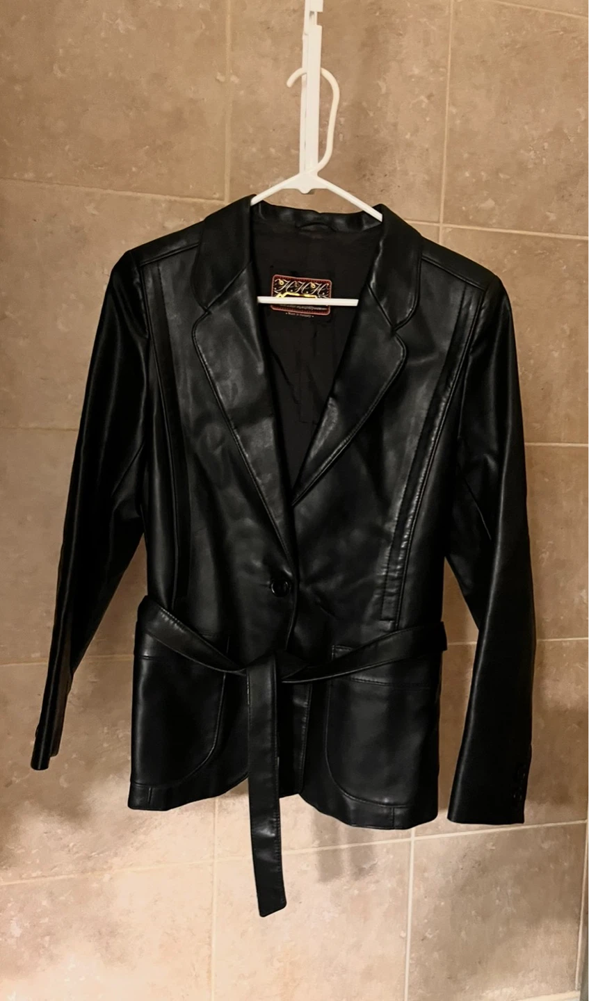 Black Faux Leather Blazer with Belt