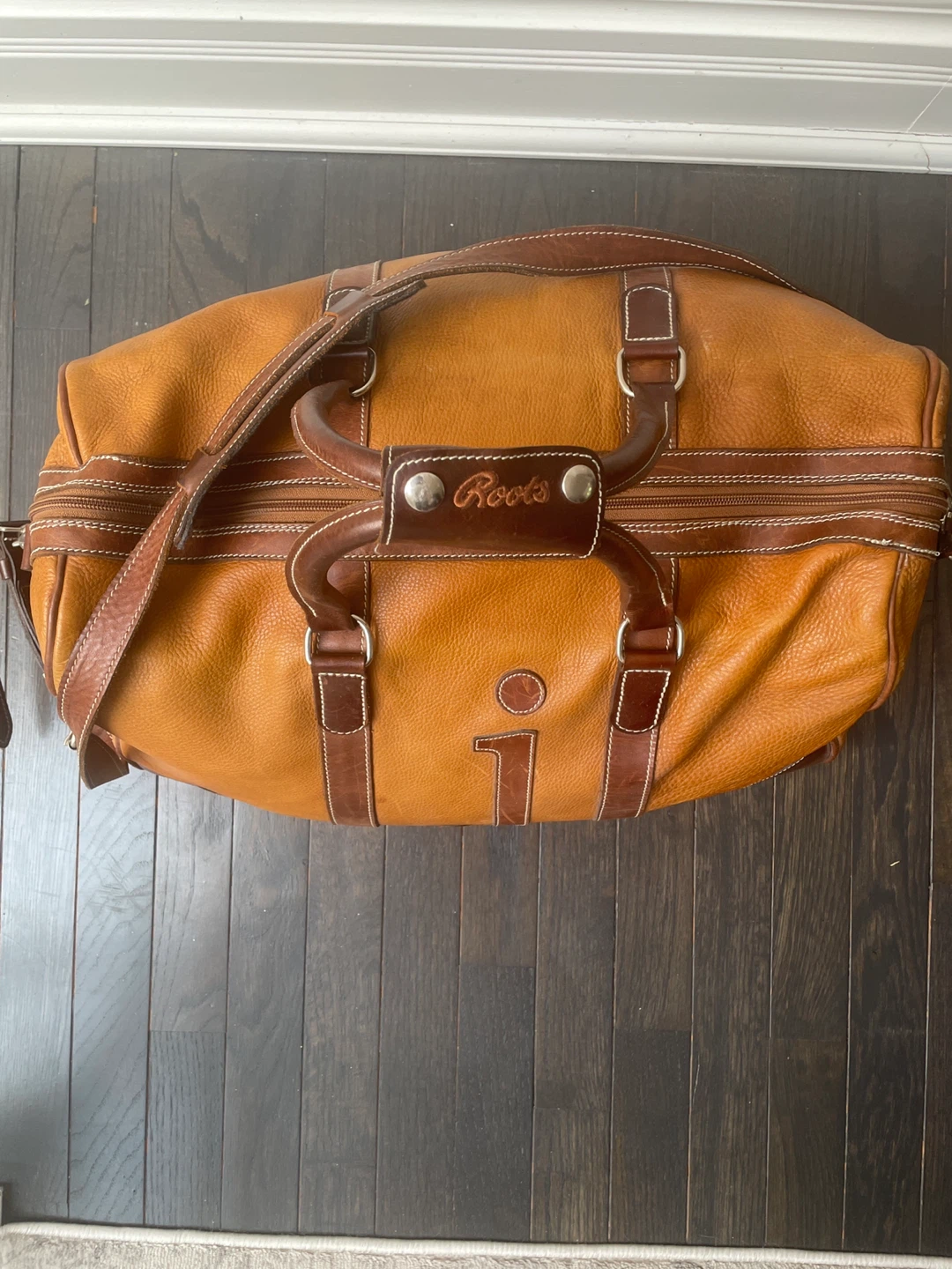 Roots Leather Duffle Bag with letter J