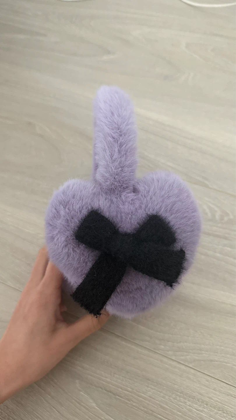 Purple Fuzzy Faux Fur Heart Earmuffs with Bows - photo 2
