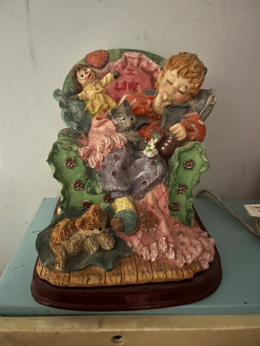 Sleeping Child Figurine with Dog and Cat