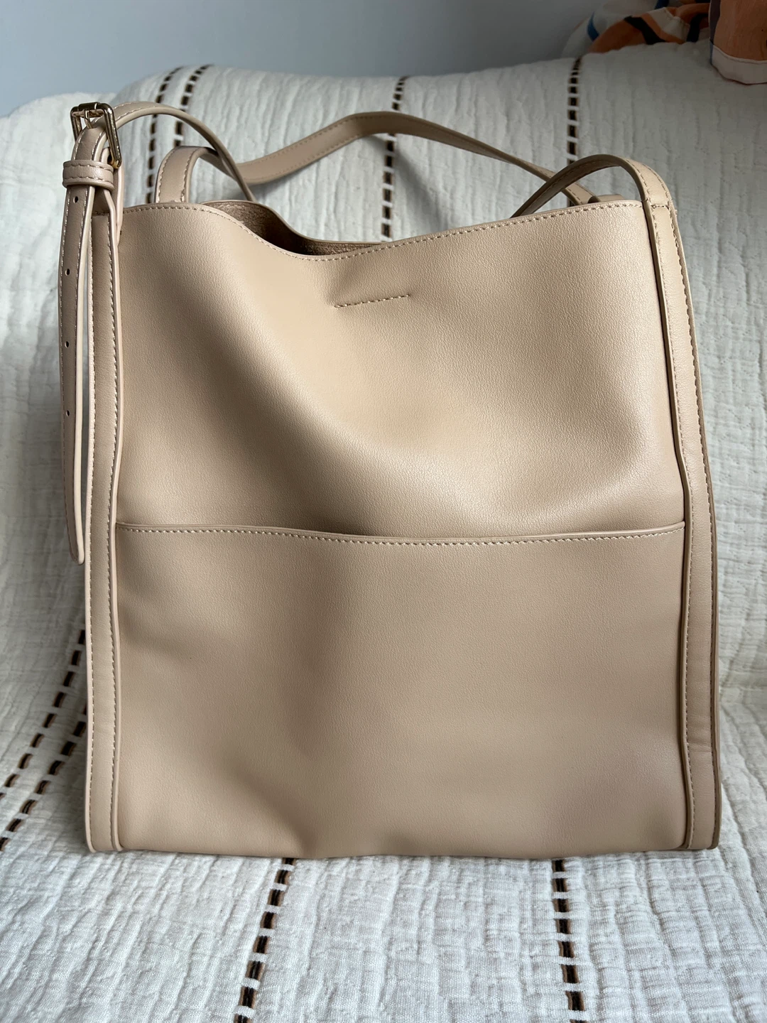 Beige Faux Leather Tote Bag