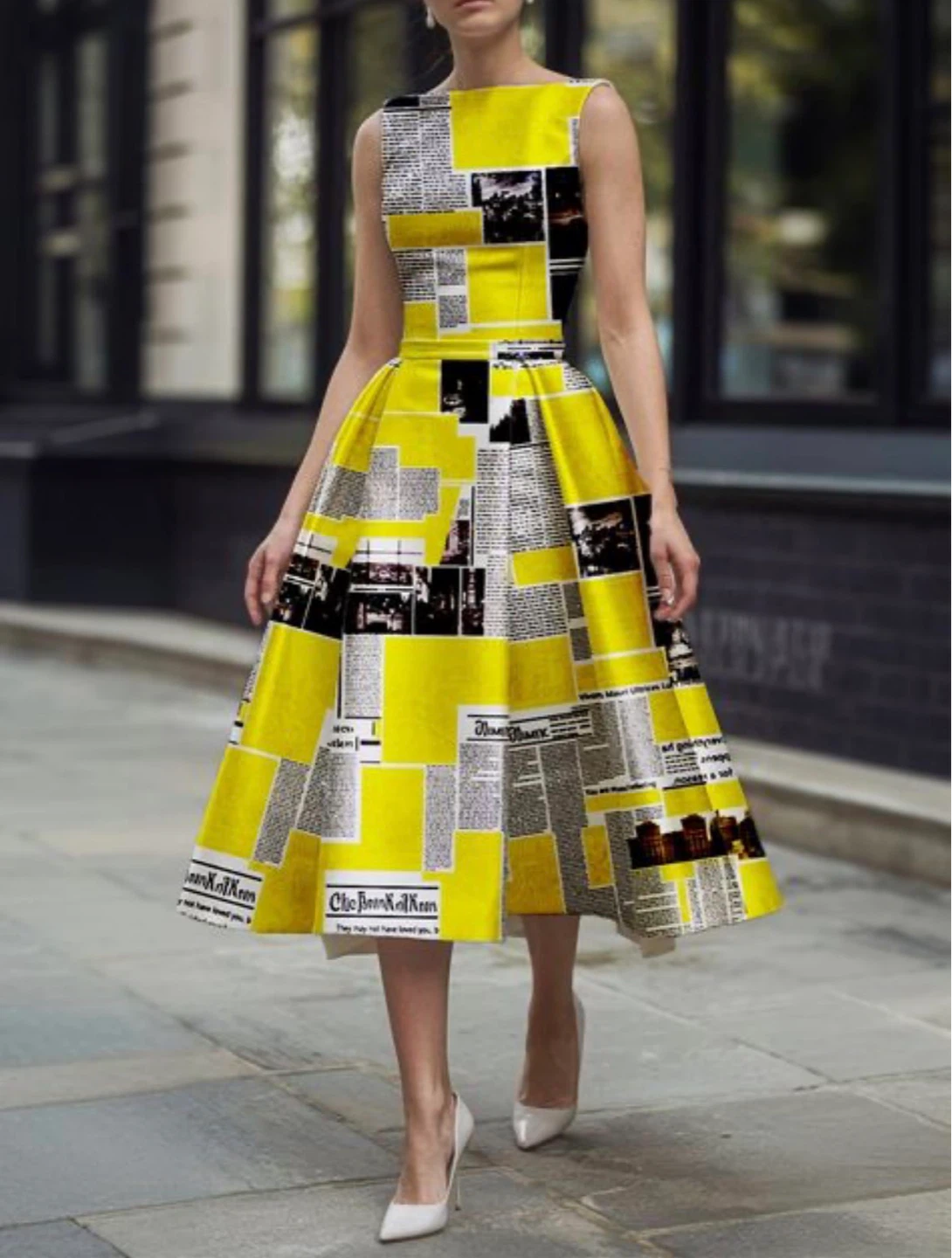 New with Tag ⚽ Yellow Newspaper Print Sleeveless Dress