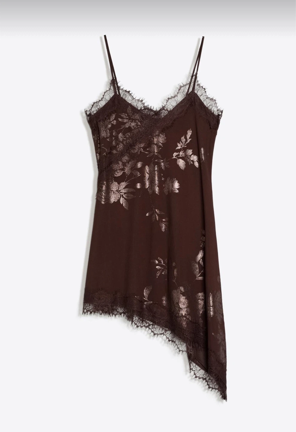 Lace-Trim Dark Brown Floral Print Dress