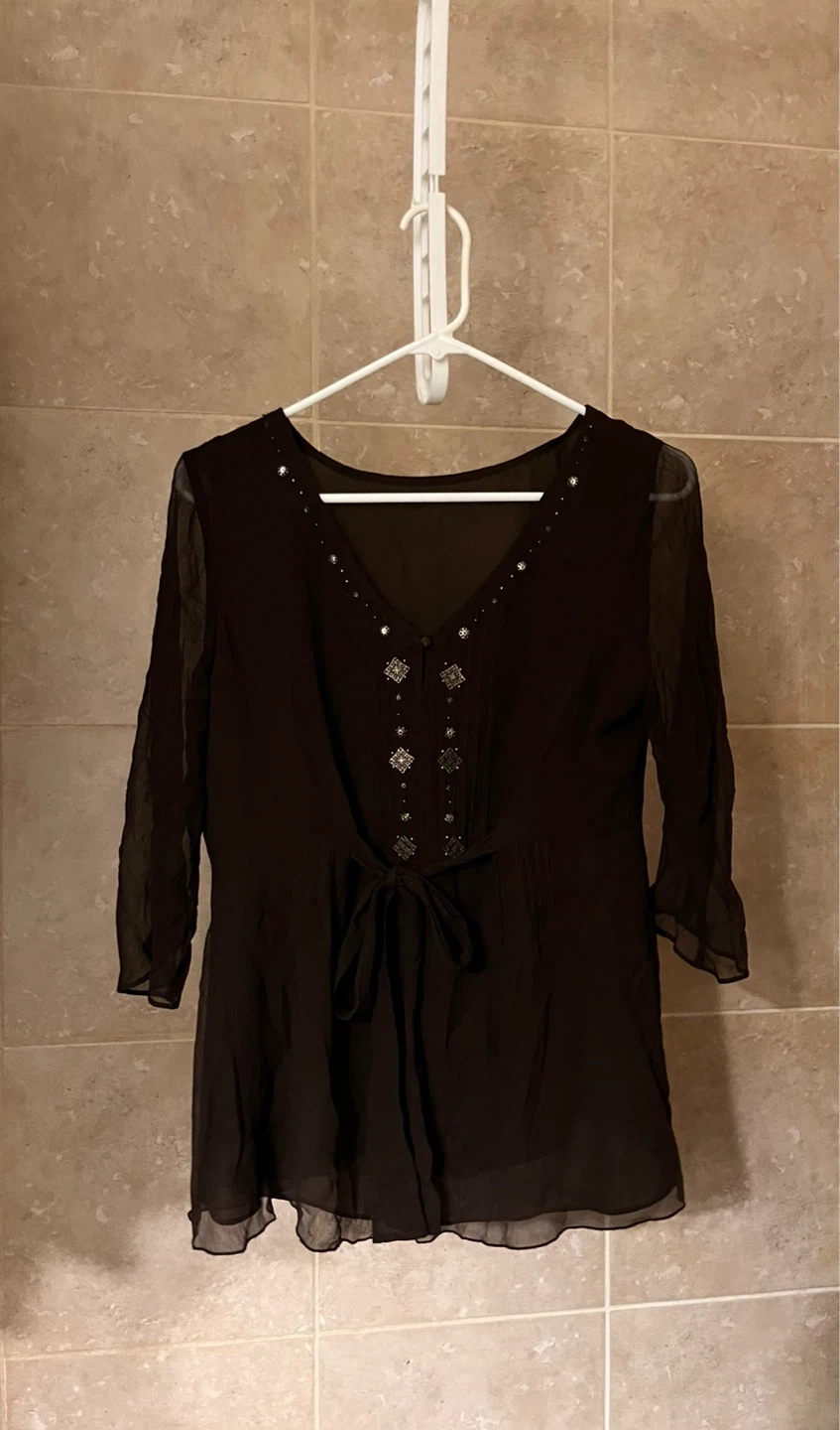 Brown Embellished Tie-Front Blouse