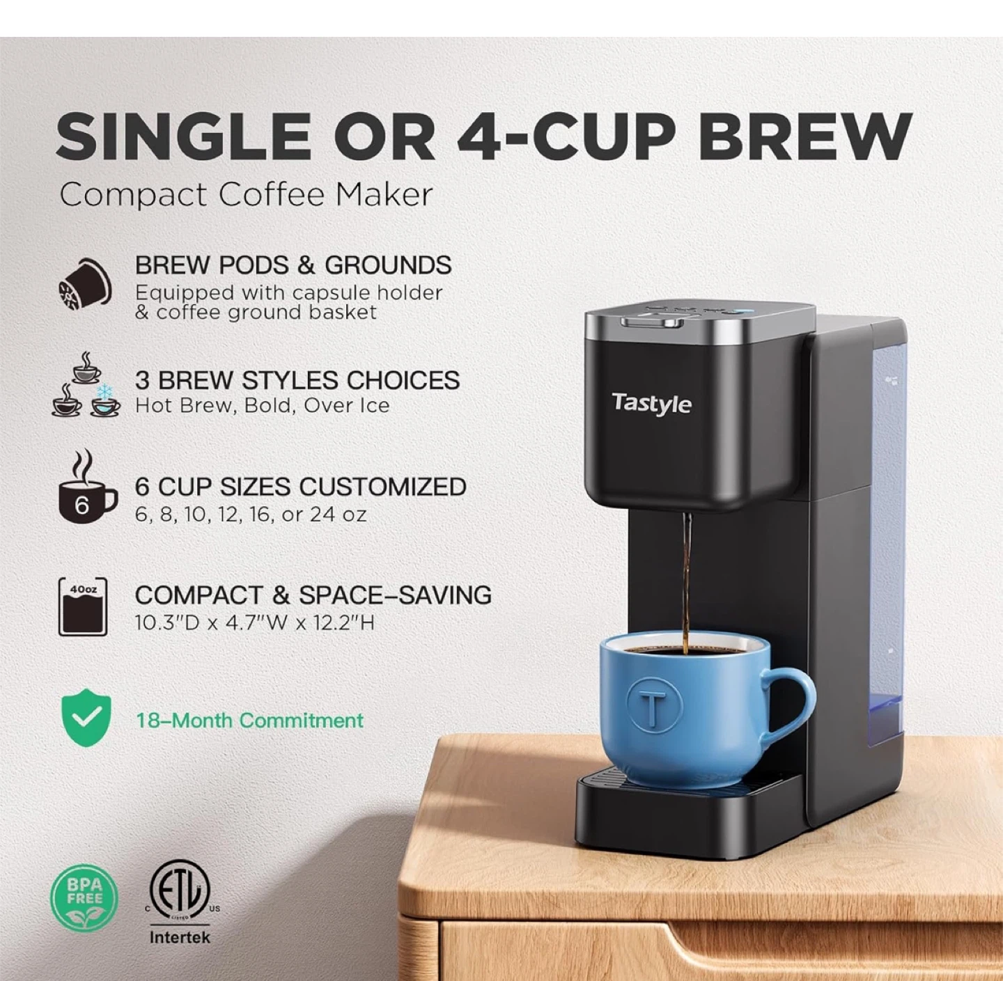 TastyStyle Compact Coffee Maker - Brew Pods or Grounds