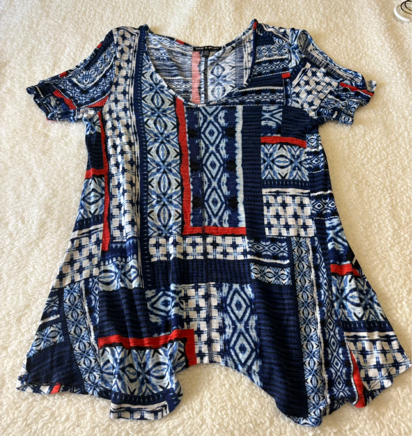 Cable & Gauge Large Blue and Red Geometric Cold Shoulder Top