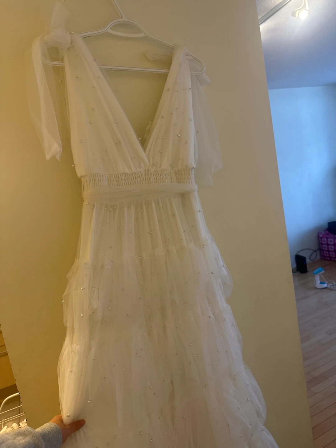 White Tulle Tiered Maxi Dress with Pearls - photo 5