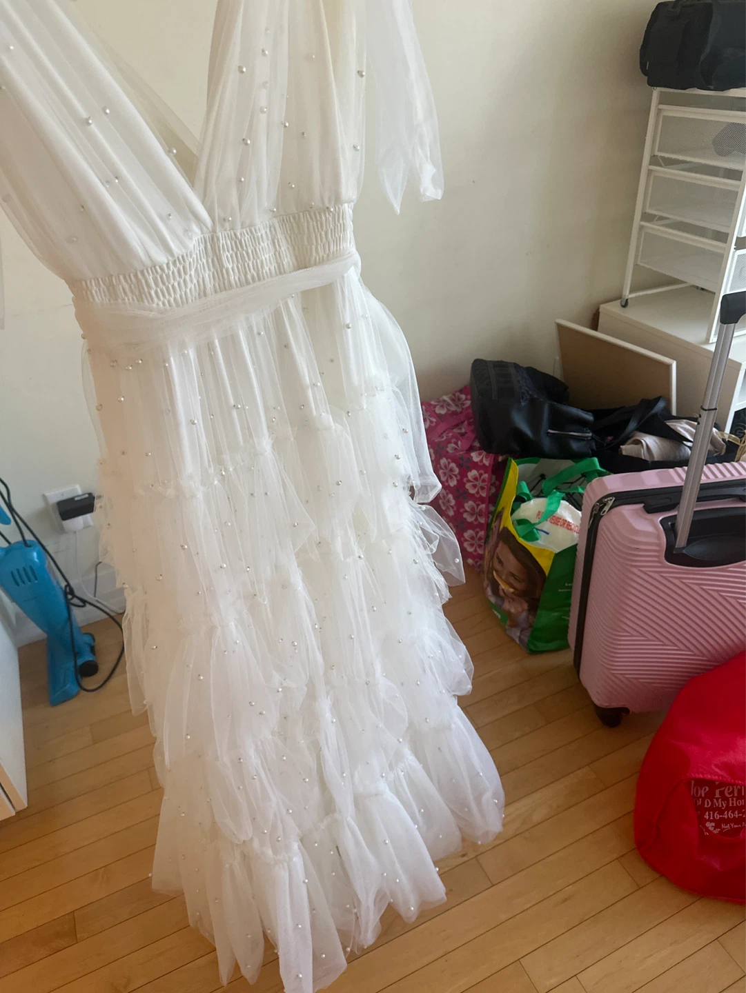 White Tulle Tiered Maxi Dress with Pearls - photo 3