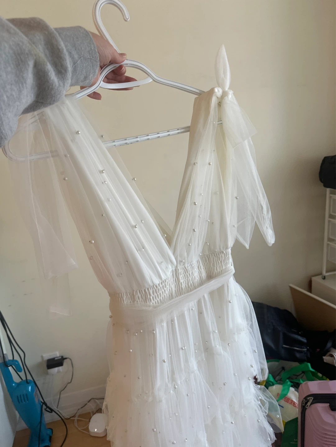 White Tulle Tiered Maxi Dress with Pearls - photo 2