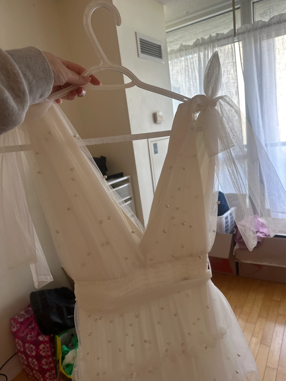 White Tulle Tiered Maxi Dress with Pearls - photo 4
