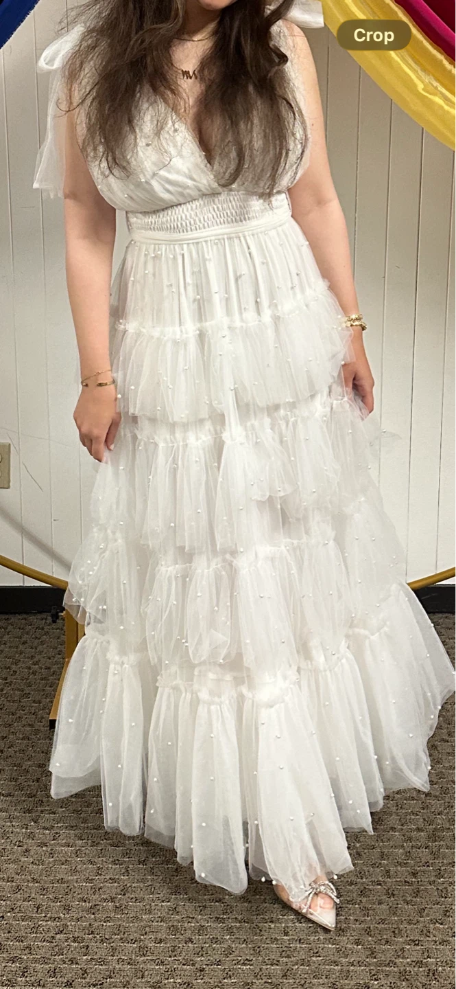 White Tulle Tiered Maxi Dress with Pearls