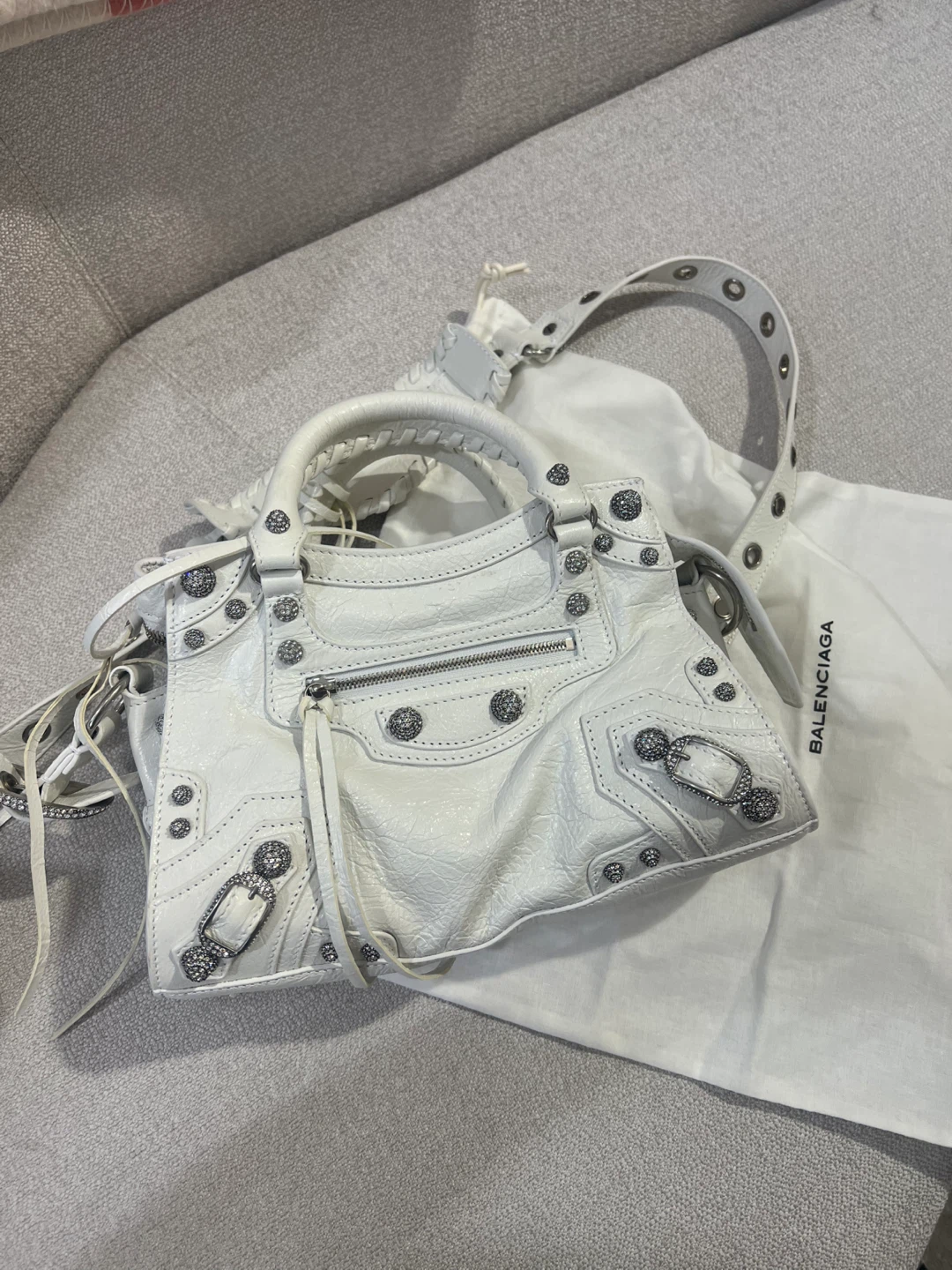 Balenciaga NEO CAGOLE XS Handbag with Rhinestone White