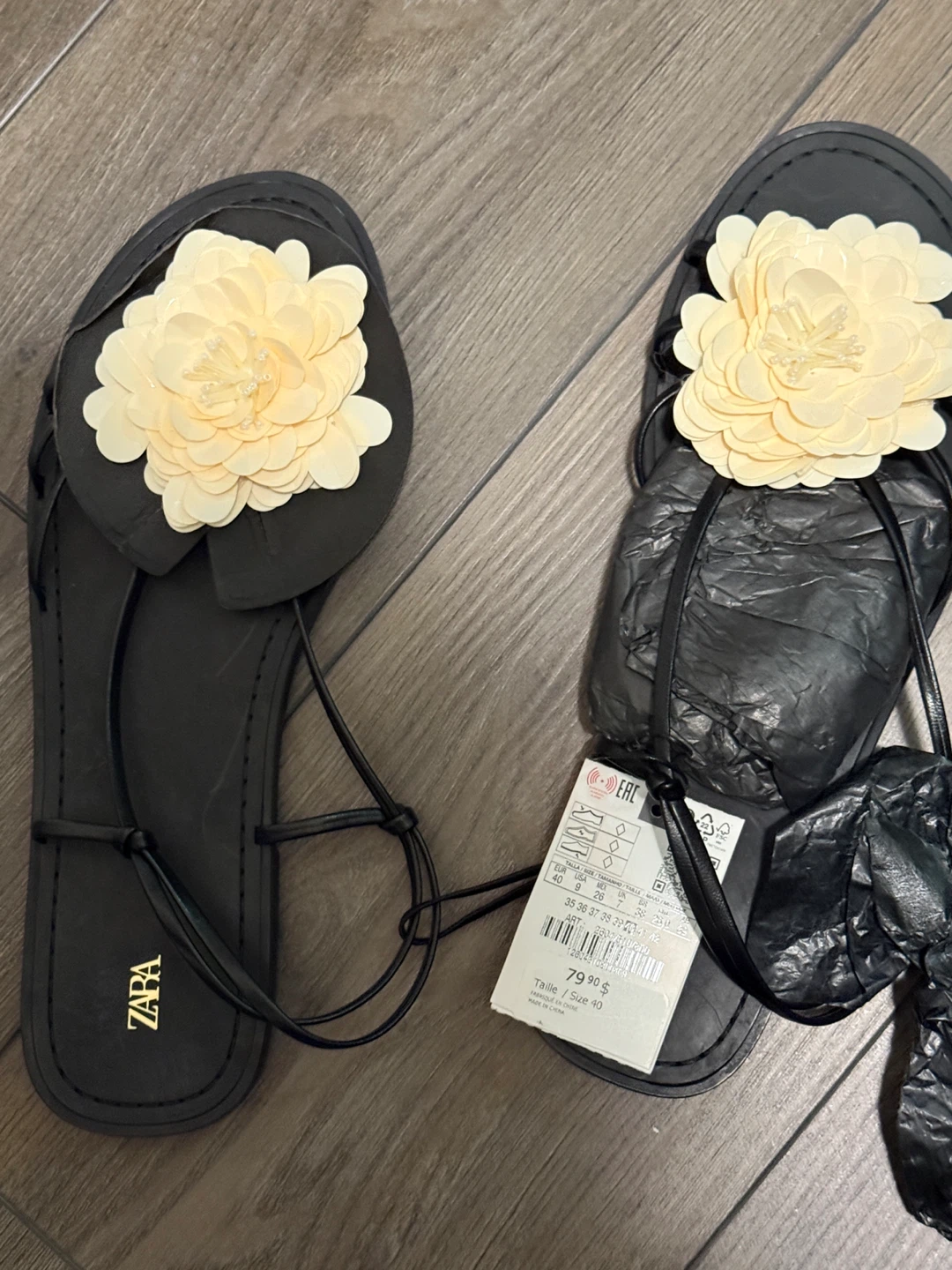 ZARA Black Floral Flat Sandals - Size 40