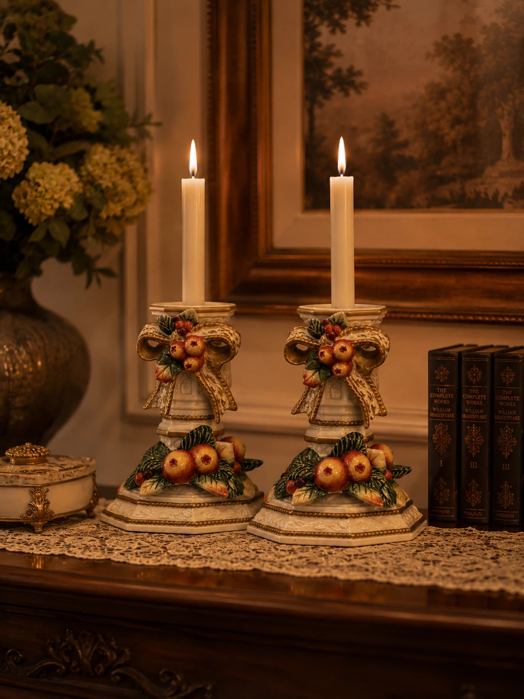 Pair of Decorative Candlesticks with Fruit and Bow Design