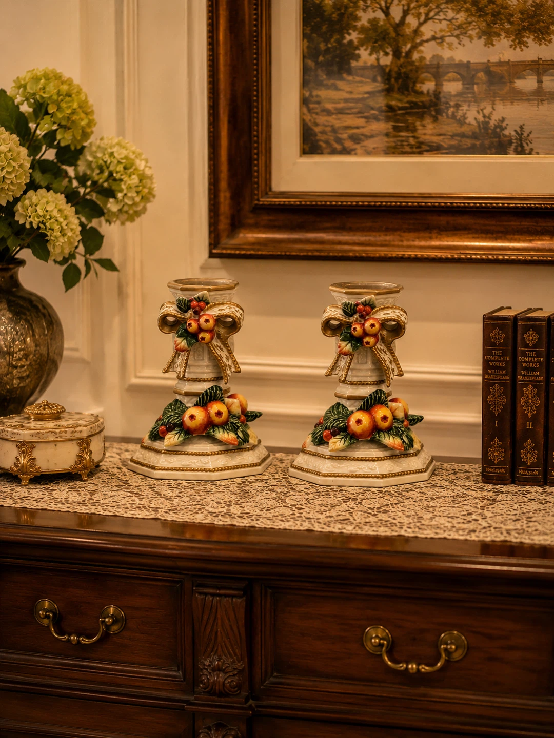 Pair of Decorative Candlesticks with Fruit and Bow Design - photo 2