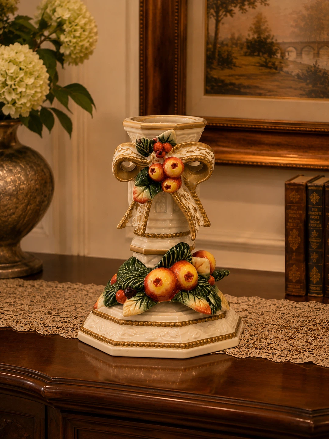 Pair of Decorative Candlesticks with Fruit and Bow Design - photo 3