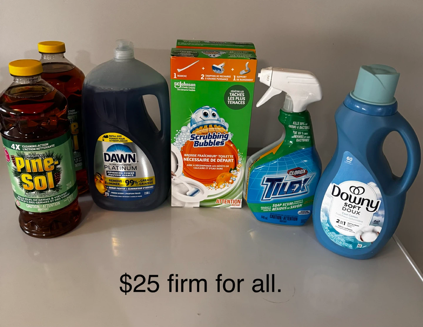 Pine-Sol, Dawn, Scrubbing Bubbles, Tilex, and Downy Bundle