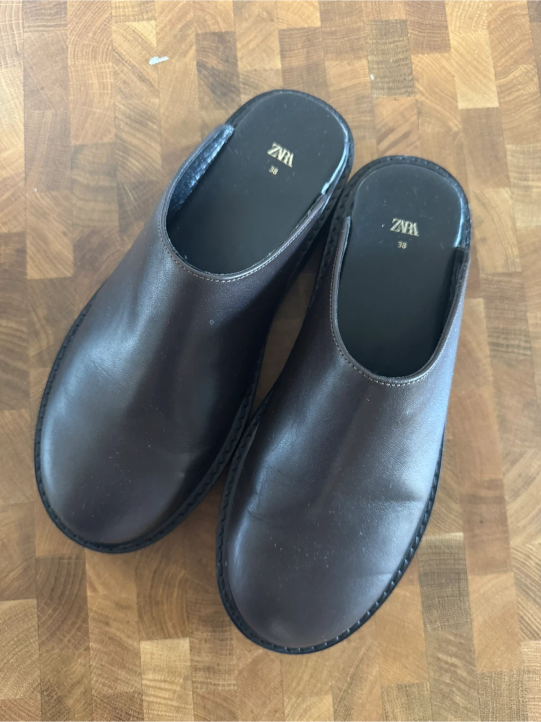 Zara Brown Leather Mule Clogs Size 38
