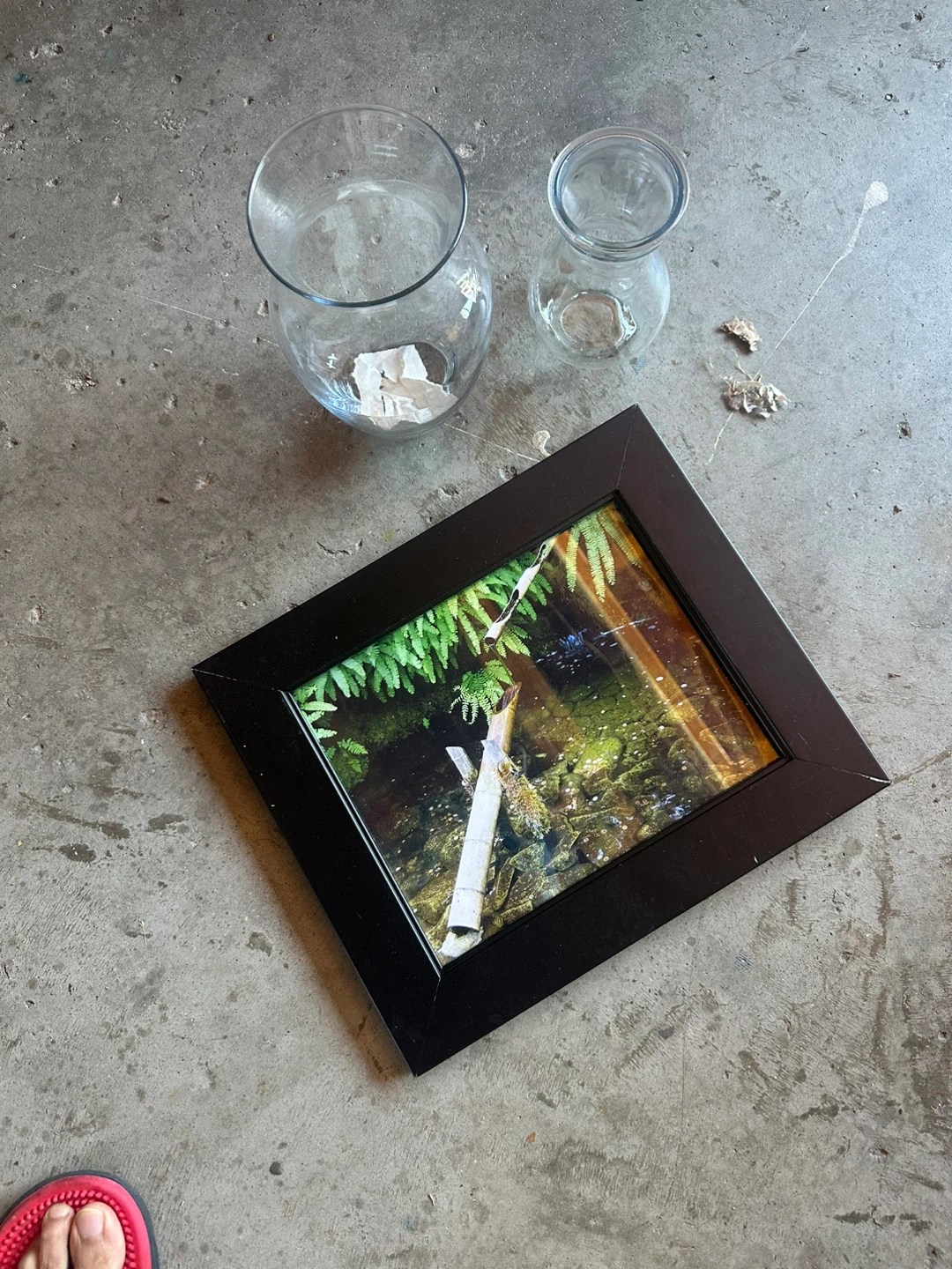 Black Framed Picture and Glass Vases