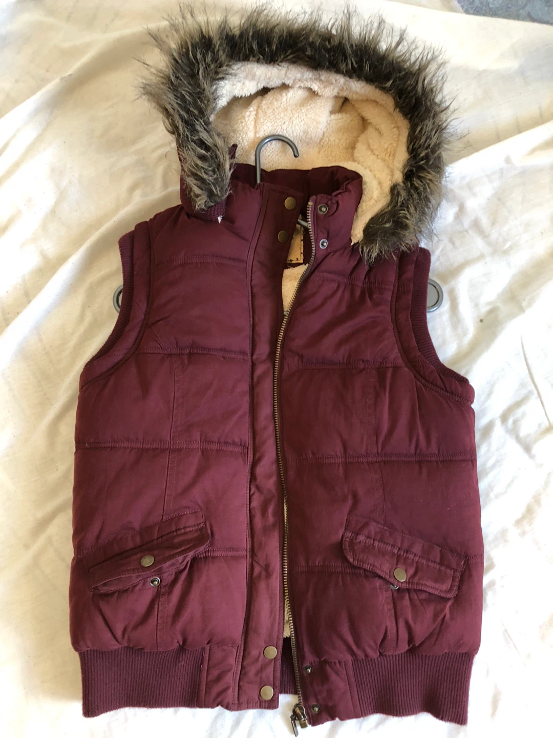 Puffer Vest with Faux Fur Hood - Burgundy