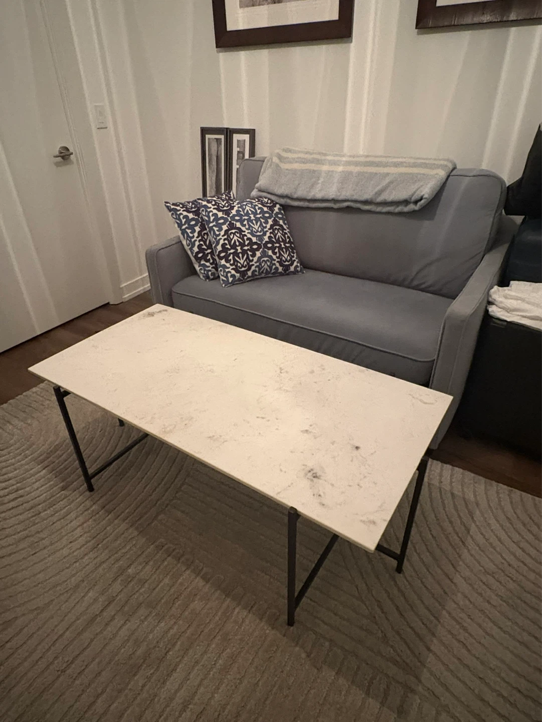 Real White Marble Top Coffee Table with Black Metal Legs