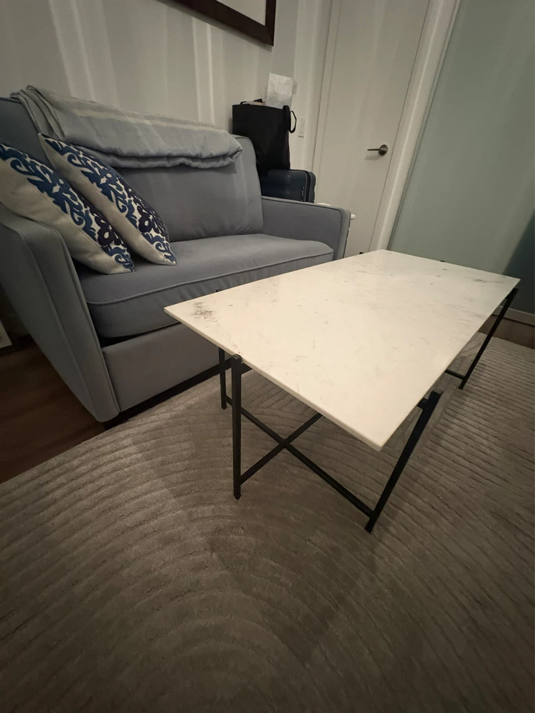 Real White Marble Top Coffee Table with Black Metal Legs - photo 2