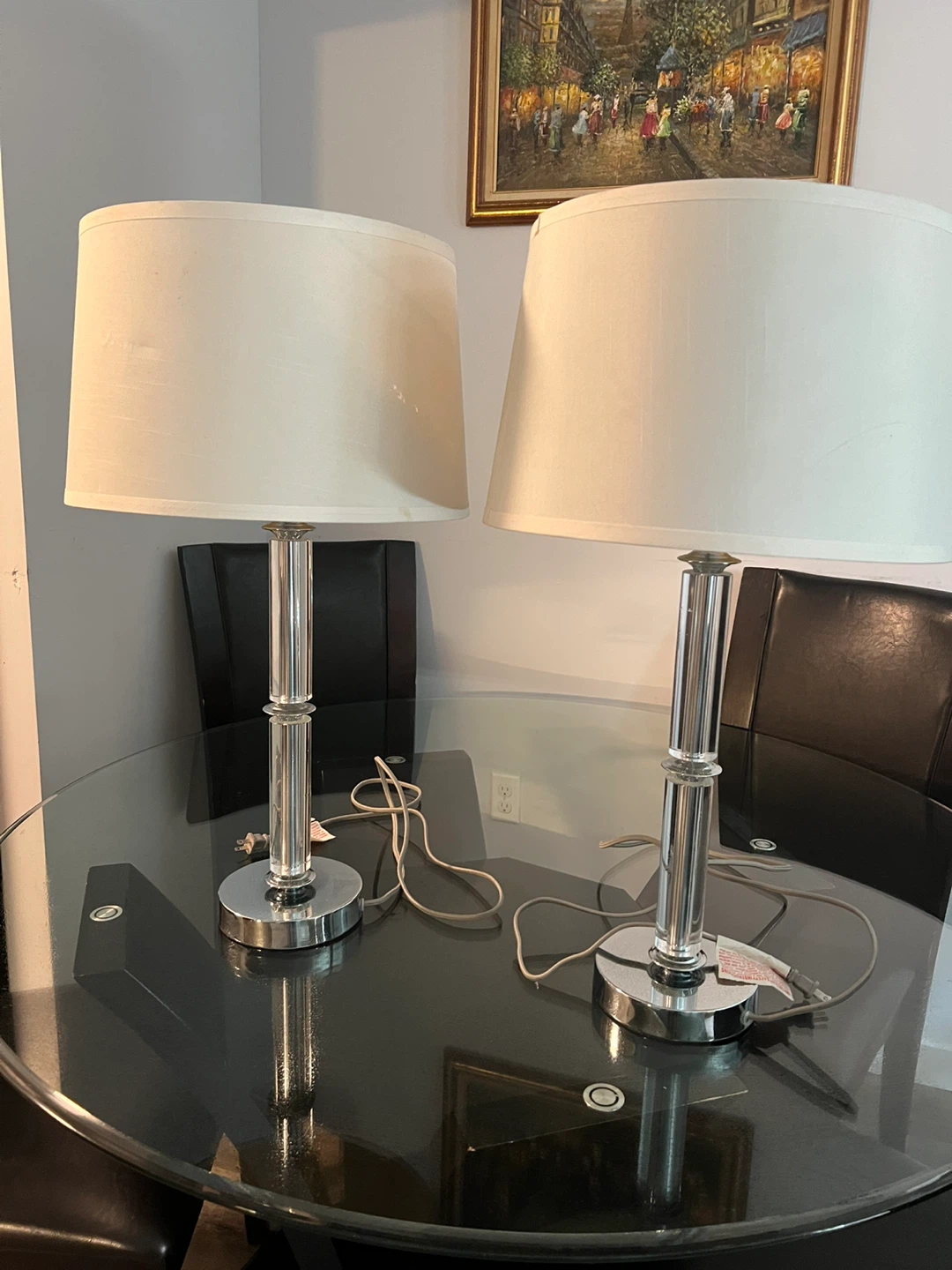 Pair of Table Lamps with Silver Base and White Shades