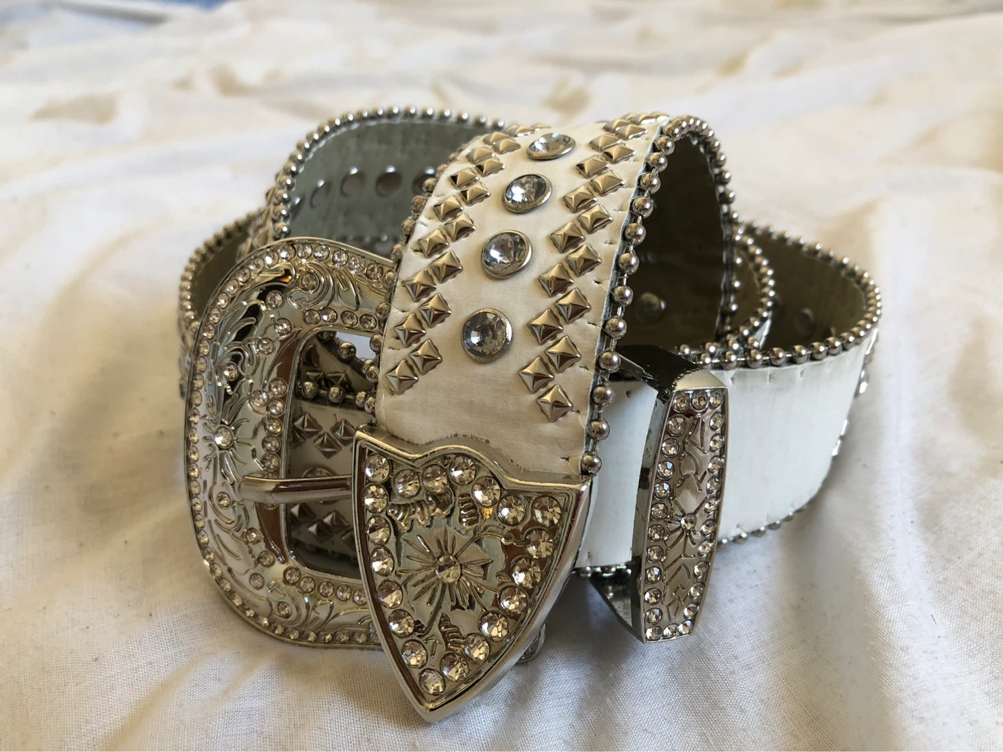 White Rhinestone Studded Western Belt