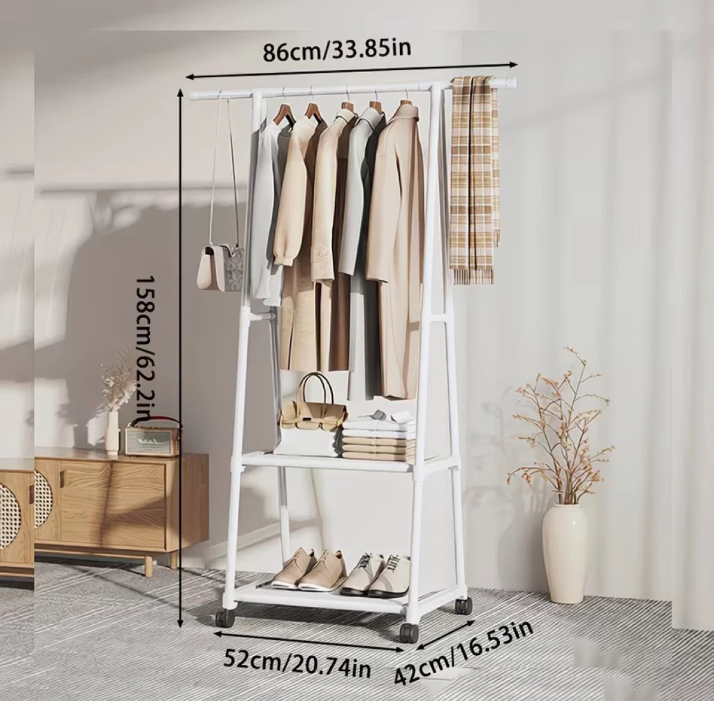 White Garment Rack with Wheels (mounted)