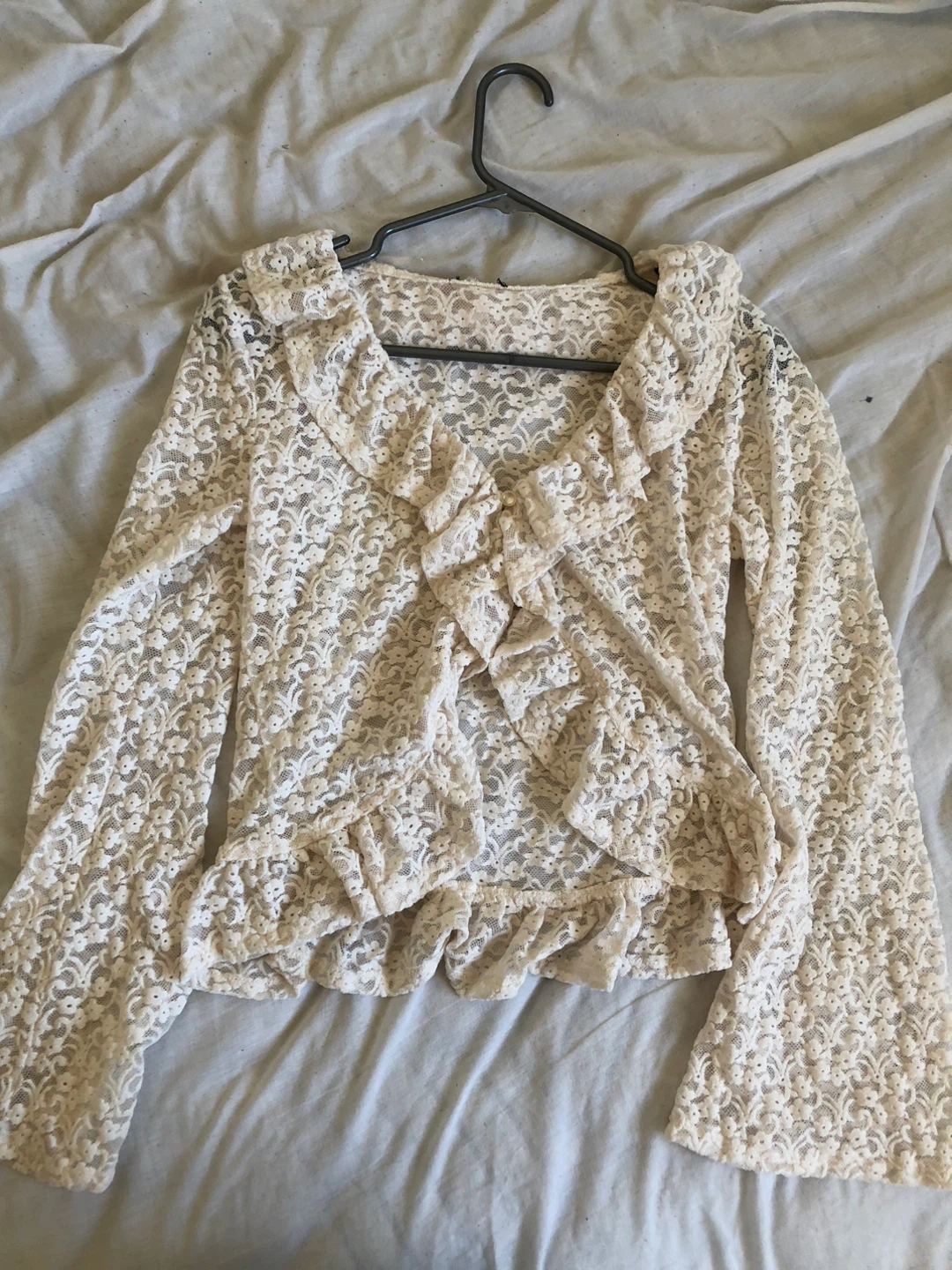 Cream Lace Blouse with Ruffle Collar