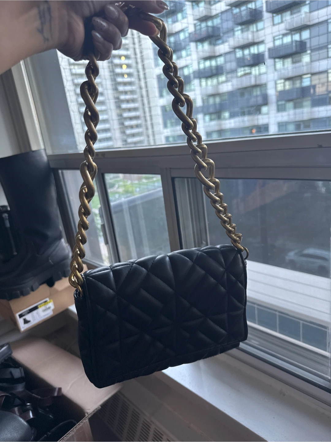 Black Quilted Handbag with Gold Chain