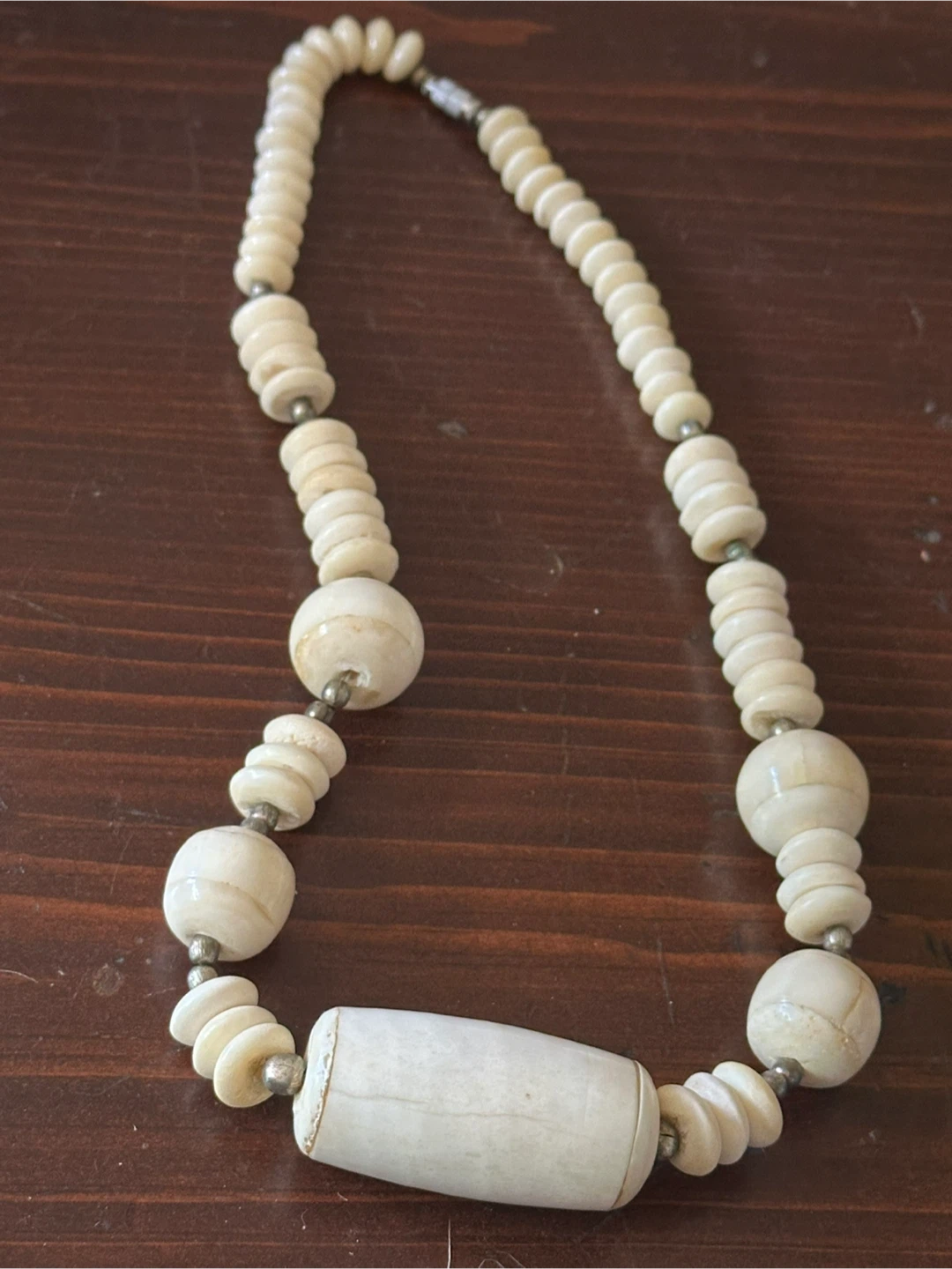 Mid Century Beaded Bone Necklace 23” long