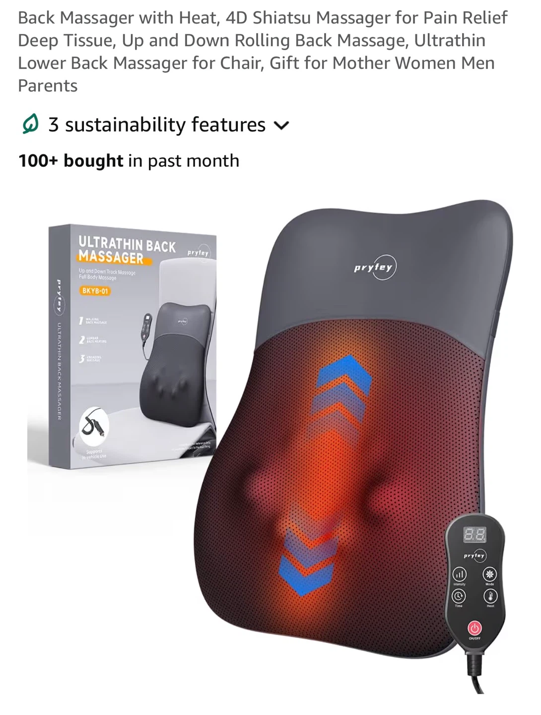 PryKey Ultrathin 4D Shiatsu Back Massager with Heat UBM