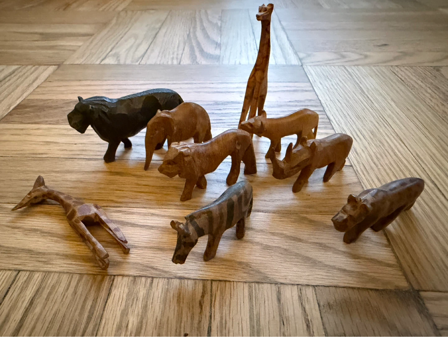 Set of 7 Hand Carved Wooden African Animals