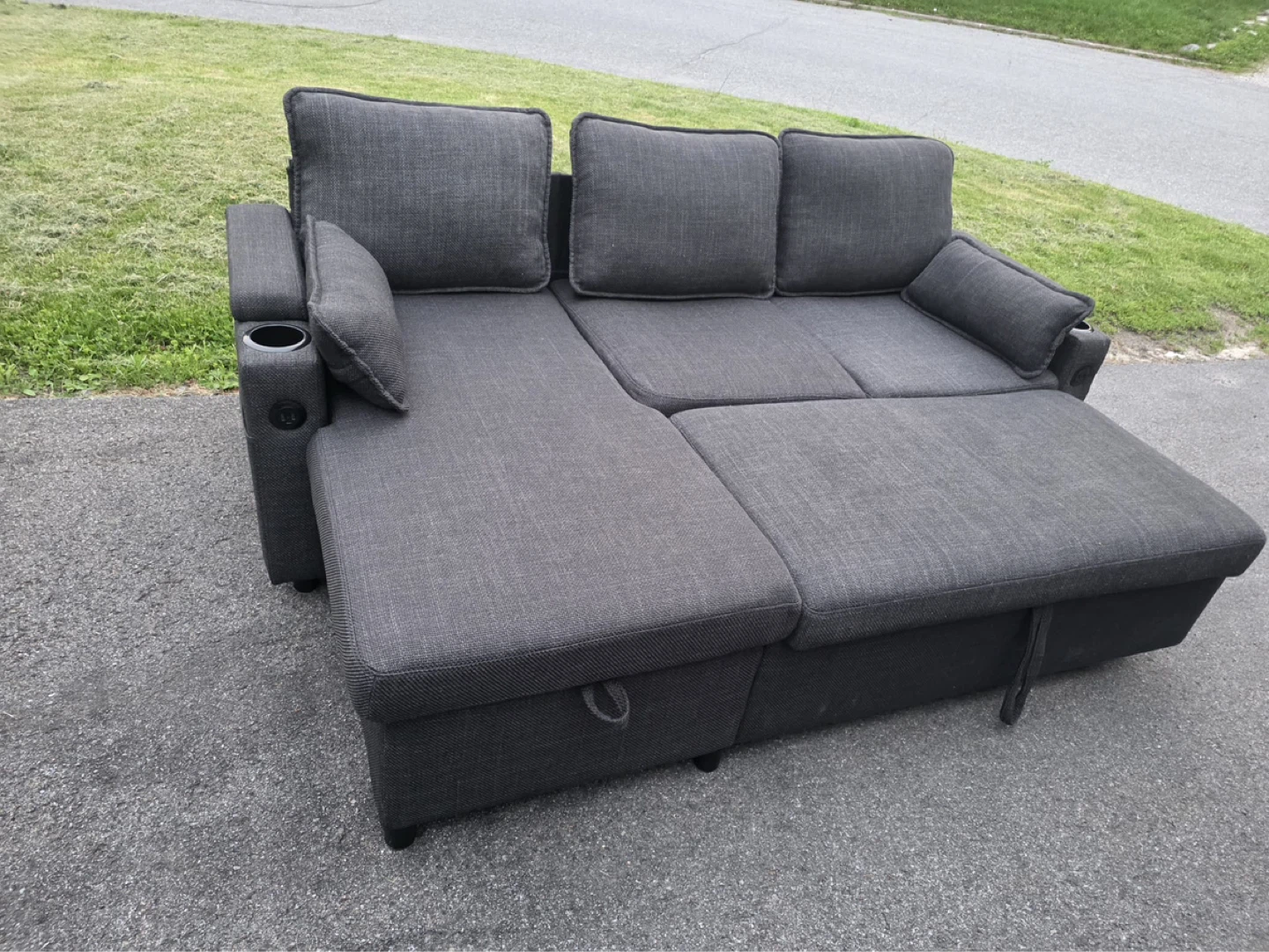 Grey Sectional Sofa with Storage and Cup Holders