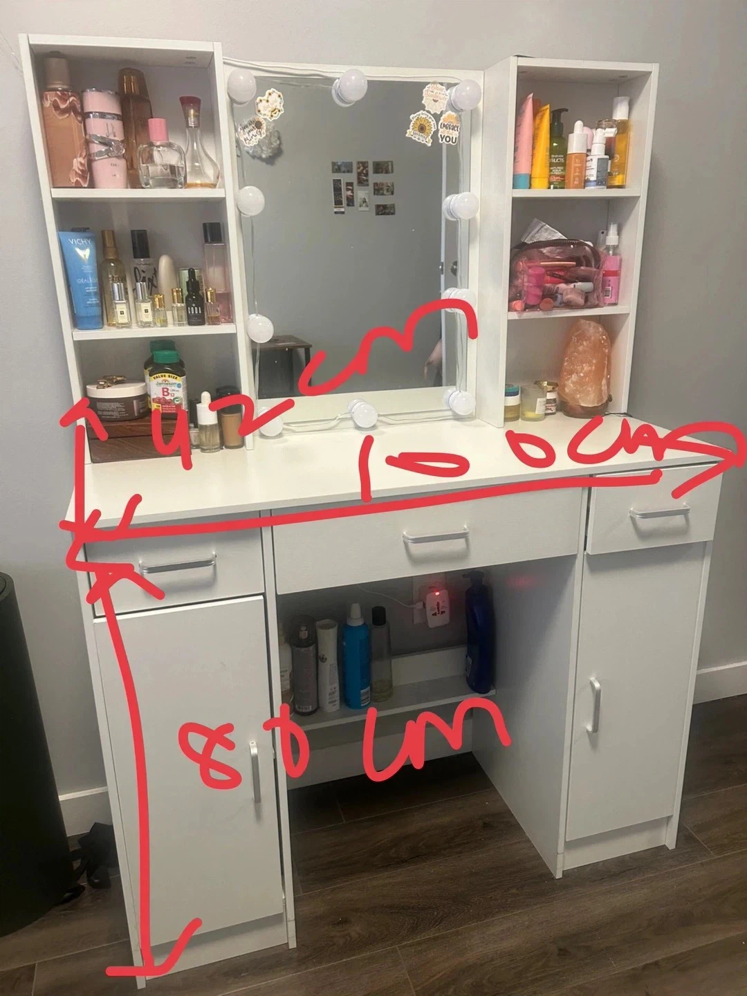 White Vanity Desk with Lighted Mirror and Storage Shelves - photo 3
