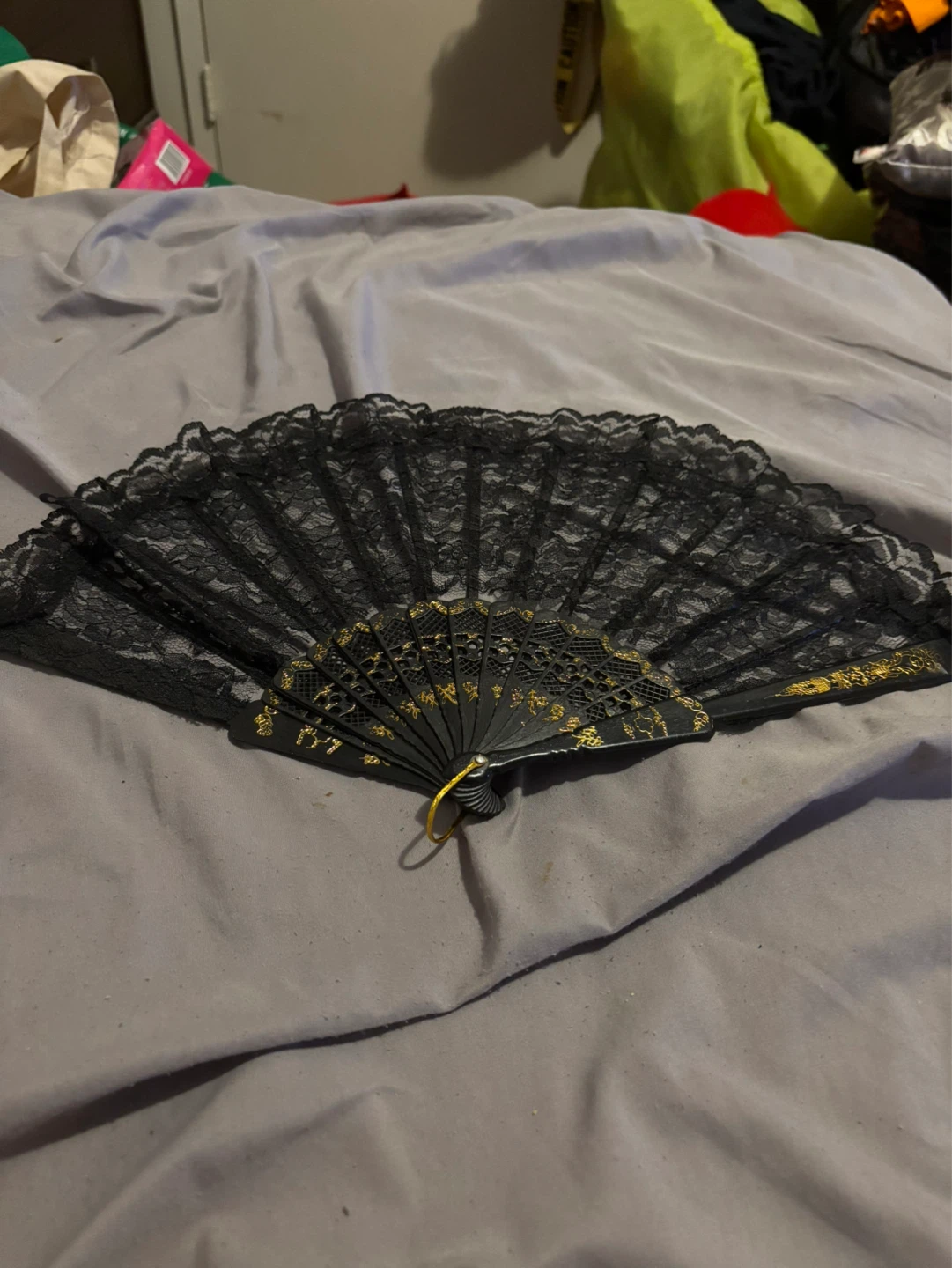 Black Lace Fan with Gold Accents